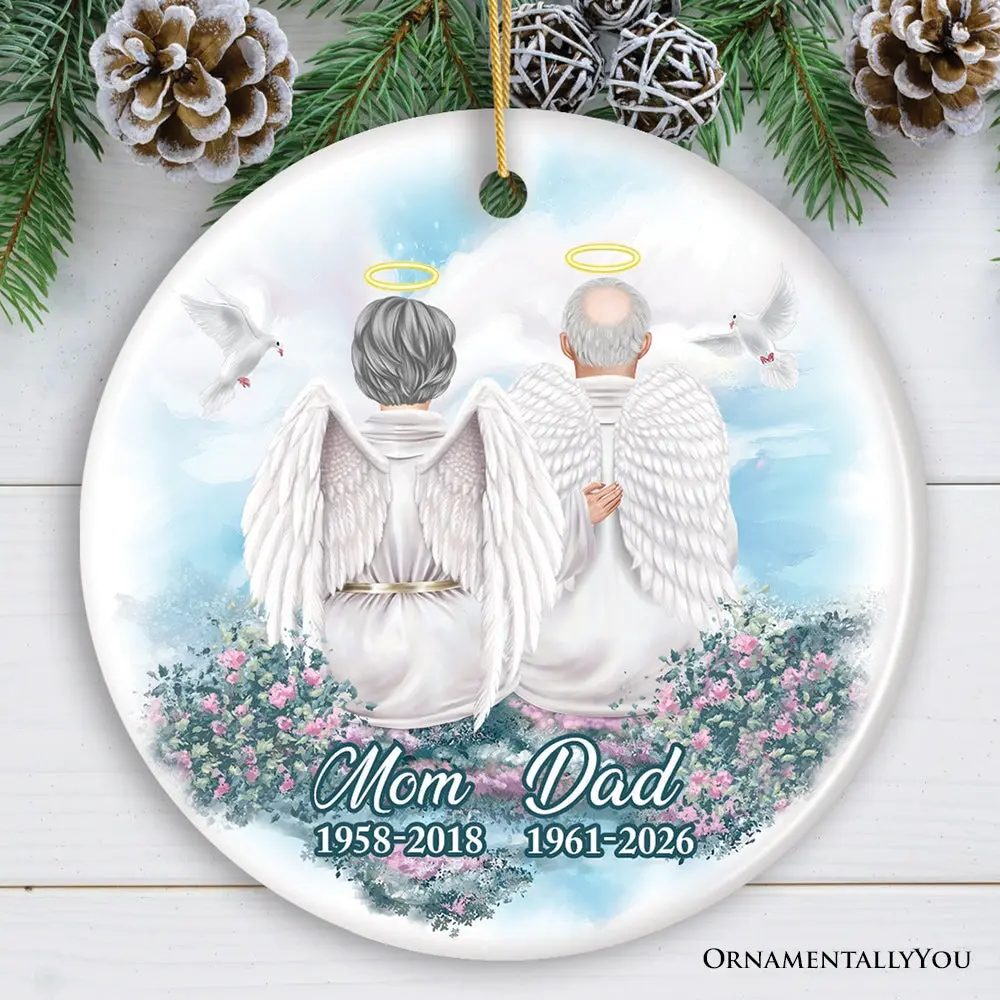 Family in Heaven Personalized Ornament, Grandparents or Parents Keepsake Angel with Wings Christmas Memorial Decoration