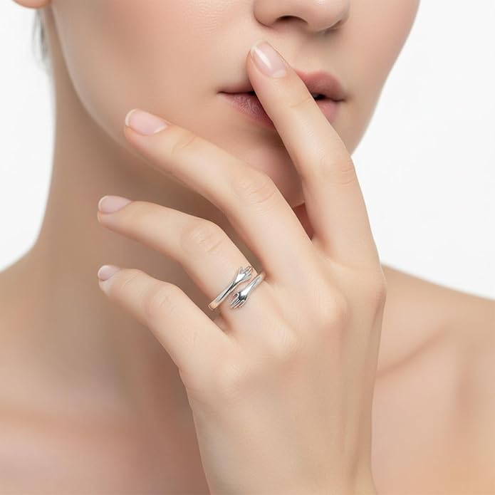 SGGUI Hug Rings Adjustable Ring with "Always with You" Engraving High-Quality Nickel-Free Jewelry for Dad Mom Wife Daughters Grandma Best Friend Teens,Hugging Hands Open Ring for Men Affection Rings Valentine's Day