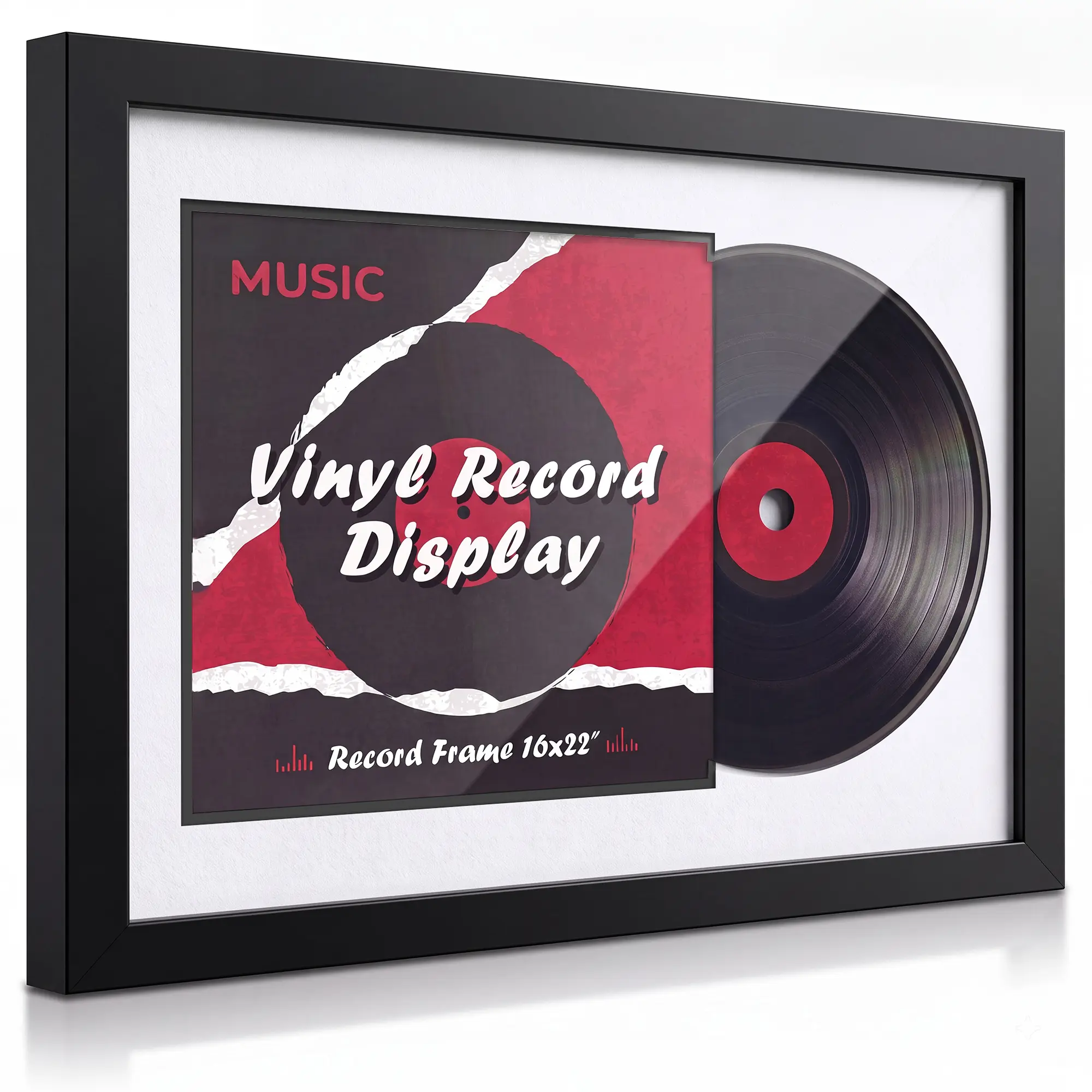 16×22 Vinyl Record Frame with Black or White Mat, Holds 12×12 Album Cover, Wall-Mount Display