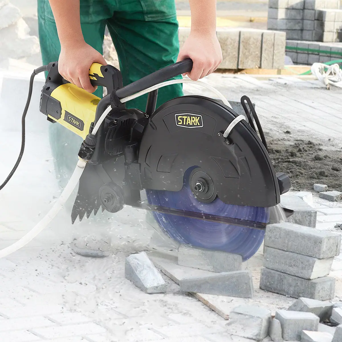 Stark USA 16" 3200W Powerful Electric Concrete Cut-Off Floor Saw, Lightweight Ergonomic Wet-Dry Cutter with Guide Roller Wheel, Water Feed Attachment, Dual Integrated Dust Management, Low-Vibe Control (ABS+Steel, for Granite/Porcelain)