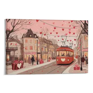Valentines Day Canvas Wall Art, Pink Red Love Heart Poster for Couples, Cozy Pinkish Valentines Day Street Bus Dating Print, Romantic Festive Picture Lover Gift