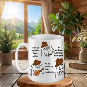 Cute Spanish Couple Cartoon 11oz Mug, Funny Romantic Illustration with Spanish Quotes Design, Ceramic Coffee Cup, Gift for Couples
