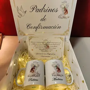 Propuestanpara padrinos de confirmación- Confirmation godparents proposal gift box with a set of two mugs Ceramic