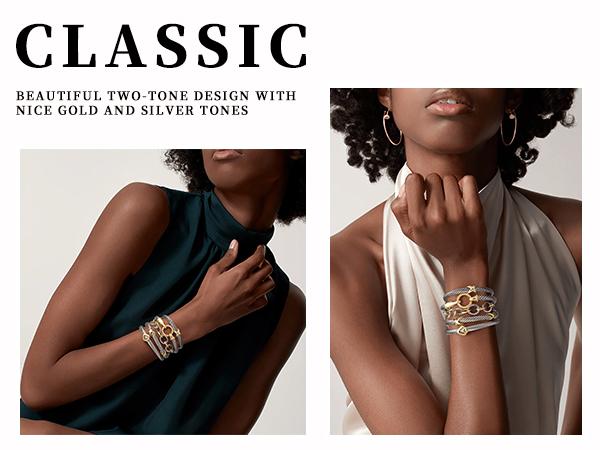 Free Gift Box Included | Aprilery 5PCS Stackable Twisted Cable Bracelet Set – Adjustable Two-Tone Cuff & Chain Link Design Jewelry for Women