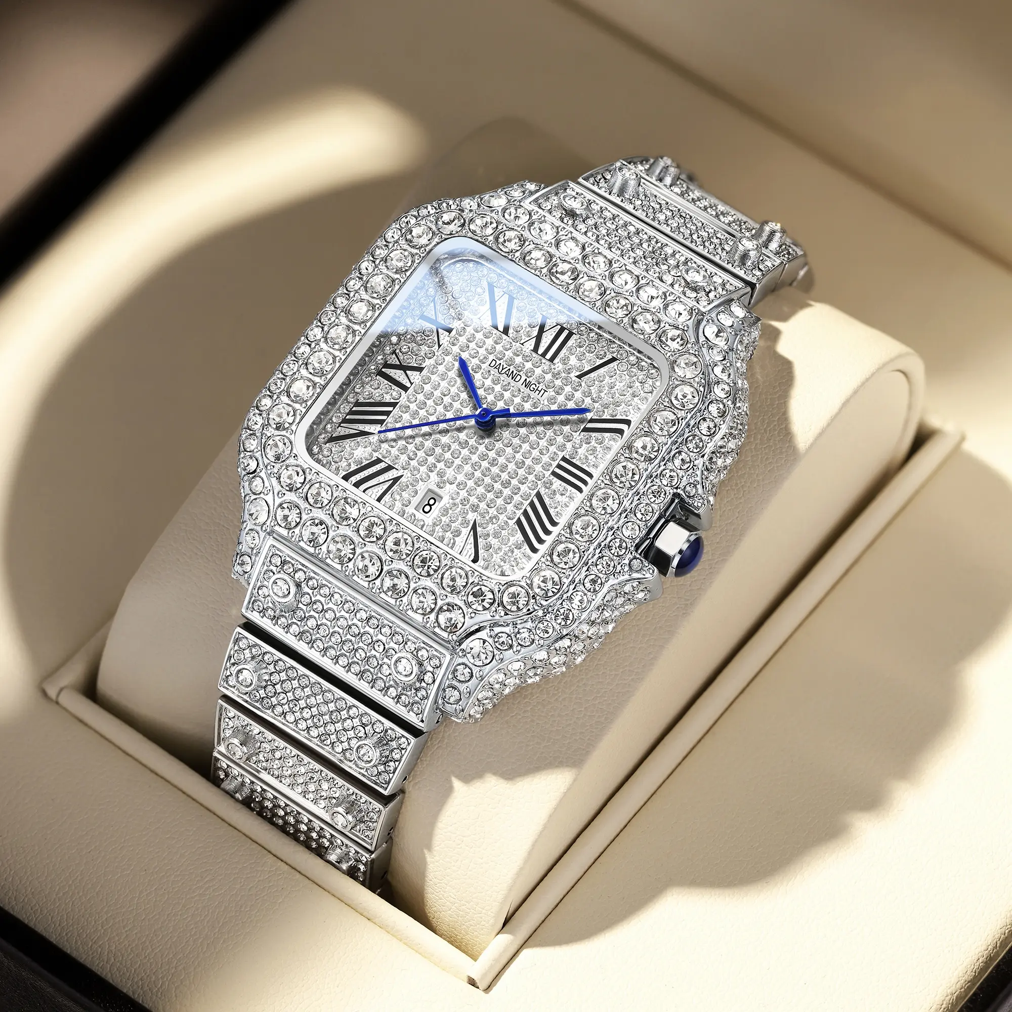 Dayand Night Unisex Luxury Iced-Out Quartz Watch, 42mm Alloy Square Face with Mineral Glass, Analog-Digital Display and Calendar, 30-50M Water Resistant, Business Events, Iced-Out Look