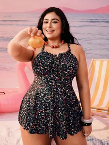 Swim Mod Plus Size Floral Ruched Swim Dress Set – Adjustable Strap Bikini Bottom