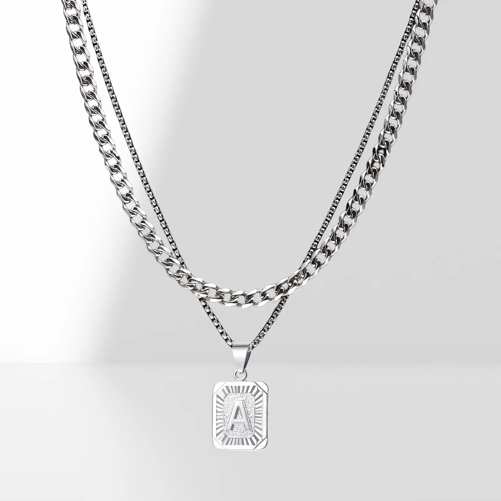 Layered Necklace A-Z Letters Silvery Charm Pendant Necklaces Square Capital Stainless Steel Letter Necklace Unisex Alphabet Jewely