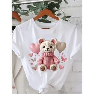 Women's Soft T-Shirt with Adorable Teddy Bear & Balloon Print – Short Sleeve, Casual Round Neck Top, Lightweight & Stretchy for Casual Attire, Casual Daily Wear | Girly Casual Style | Comfortable Fit