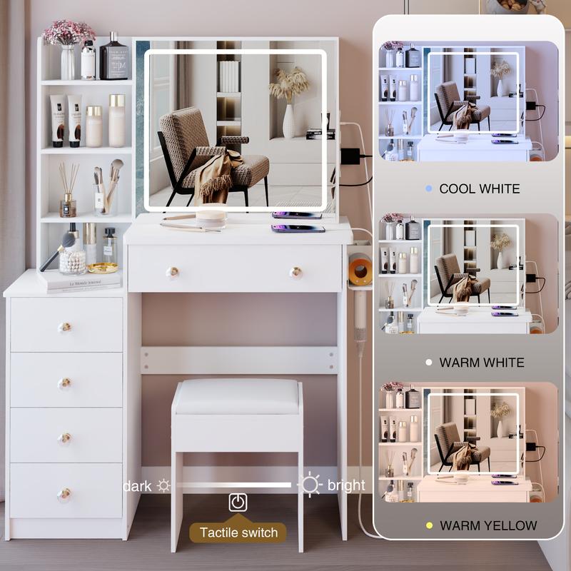 37" Middle Size Left Bedside Cabinet Vanity Table + Cushioned Stool Dresser Set, 2 AC+2 USB Socket, Hair Dryer Stand, Large Touch Control LED Sliding Mirror, 3-color Switch, EPA, GCC, UL Certificate