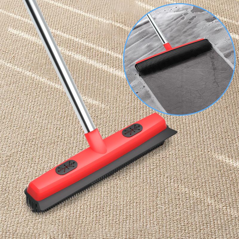 Multi-Functional Pet Hair Removal Broom with Squeegee Edge Adjustable Long Handle Soft Bristles for Indoor Outdoor Multi-Surface Carpet Cleaning Tool Shedding Grooming Kit