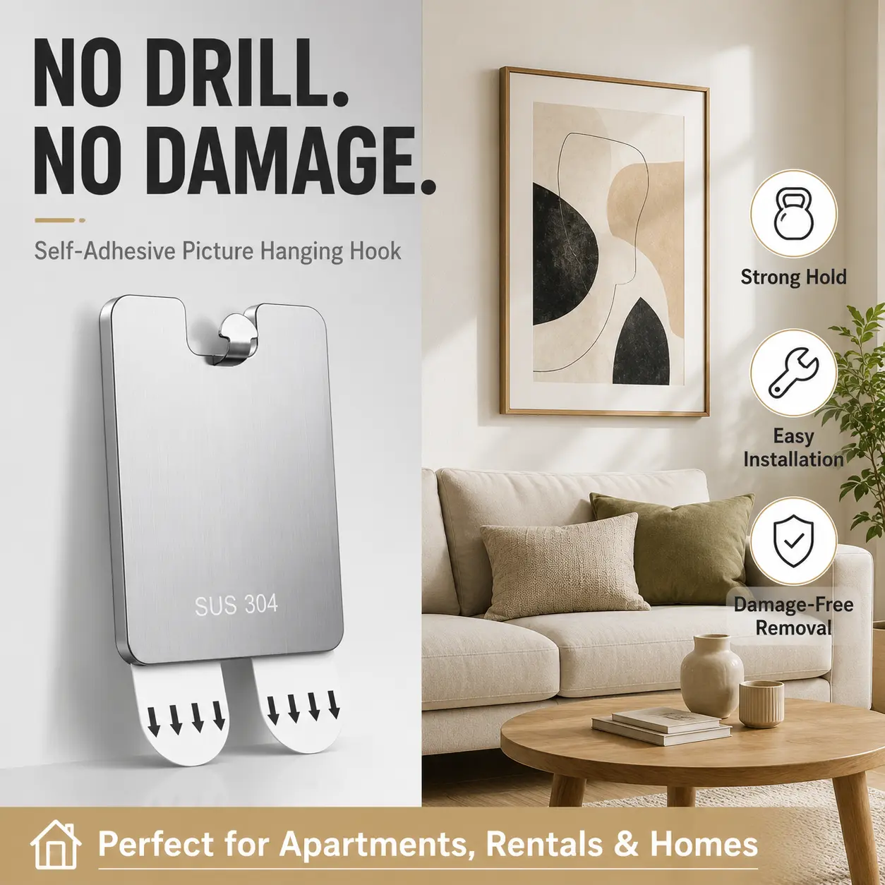 2PCS Self Adhesive Picture Hanging Hooks, No Drill Wall Hooks for Picture Frames, Stainless Steel, Removable & Damage-Free
