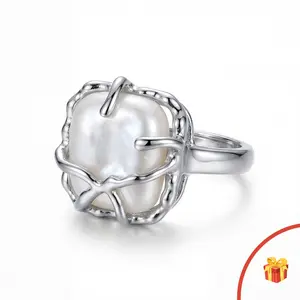 Sculptural Melt Cloud Pearl-Style Ring, Soft Square Glow Center, Adjustable Open Band, Elegant Minimal Statement, Valentine’s Day Gift for Girlfriend, Best Friend & Mom