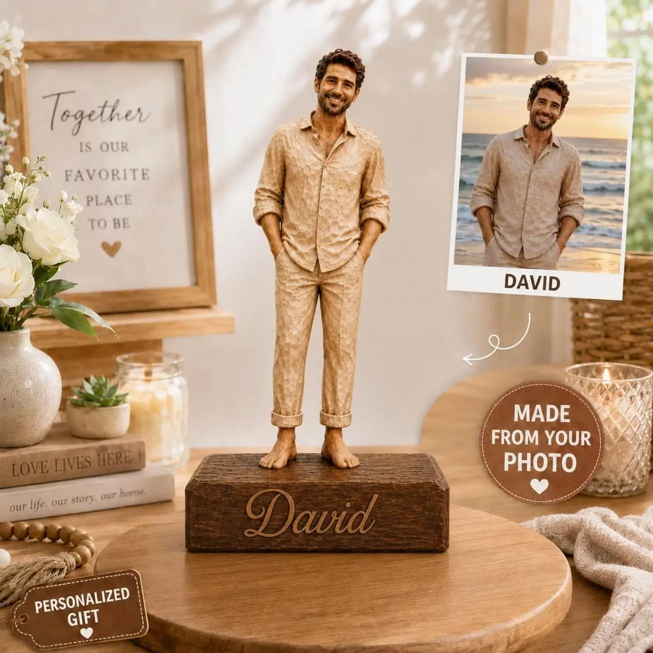 Personalized Custom Photo Figurine, Wooden Family Portrait Statue, Custom Couple Photo Gift, Anniversary Gift For Parents, Wedding Keepsake
