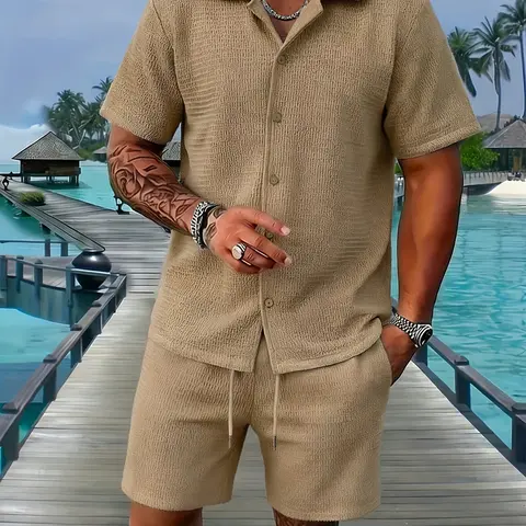 Men's 2-Piece Basic Stylish Casual Set - Textured Fabric Fitted Preppy Short-Sleeve Button-Down Shirt & Matching Drawstring Bottoms for Summer Vacation, Menswear 2-Piece Clothes Set