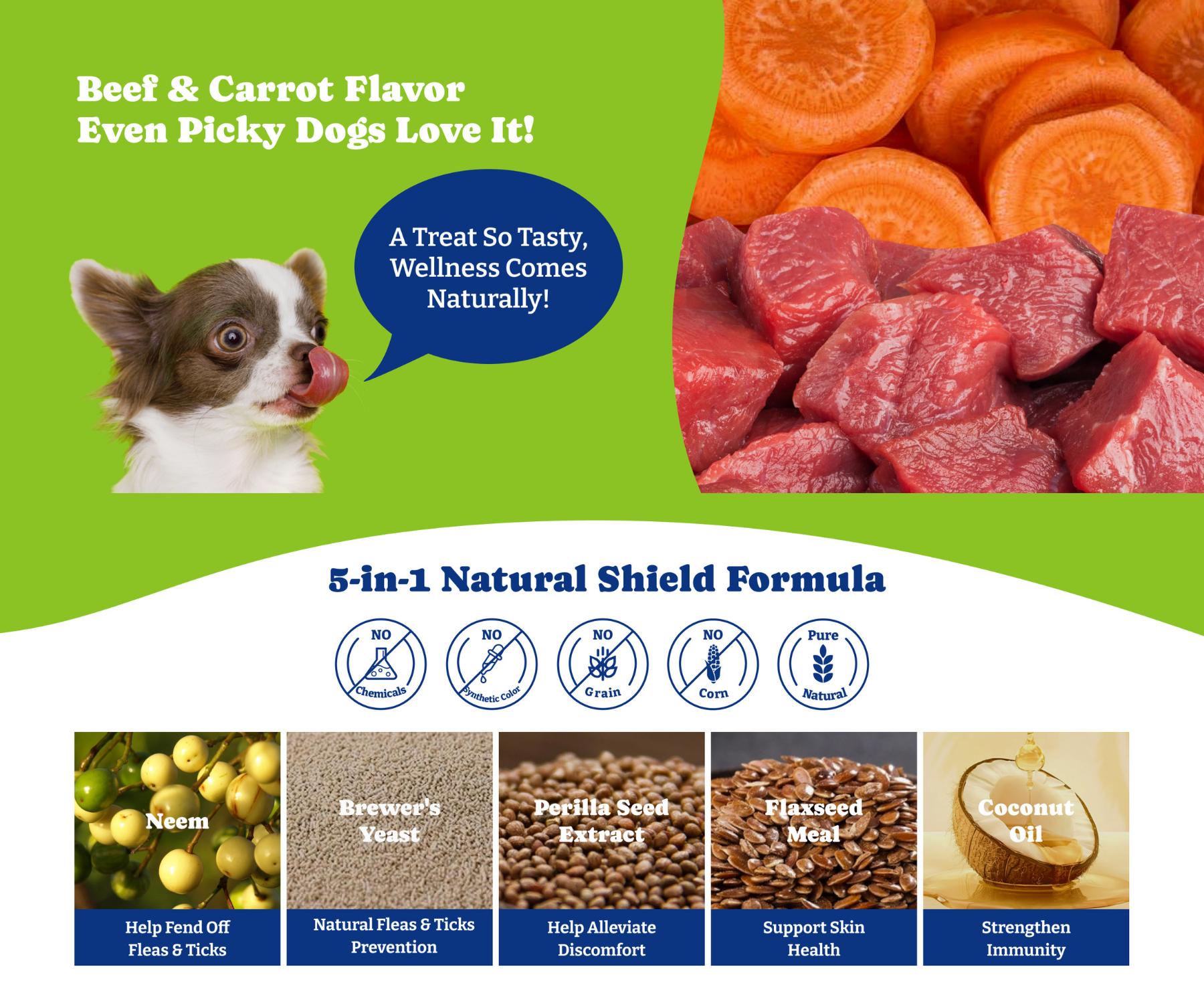 Flea & Tick Prevention for Dogs Chewables, YoYoBay Natural Dog Fleas and Ticks Control Supplement, Dogs Supplement, Natural Shield 5-in-1 Protection, Beef & Carrot Flavor, 180 Soft Chews Flea & Tick Prevention for Dogs Chewables, YoYoBay Natural Dog Fleas and Ticks Control Supplement, Dogs Supplement, Natural Shield 5-in-1 Protection, Beef & Carrot Flavor, 180 Soft Chews