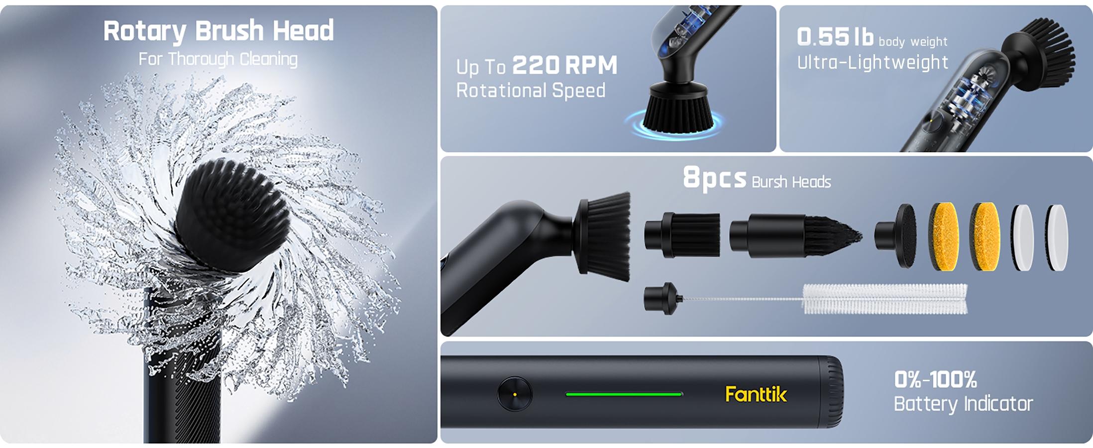 Fanttik G9 Nano Electric Spin Scrubber, Cordless Power Grout Brush, Type-C Fast Charging with LED Power Display, IPX7 Waterproof, 8 Replaceable Heads for Cleaning Grout, Corners, Crevices