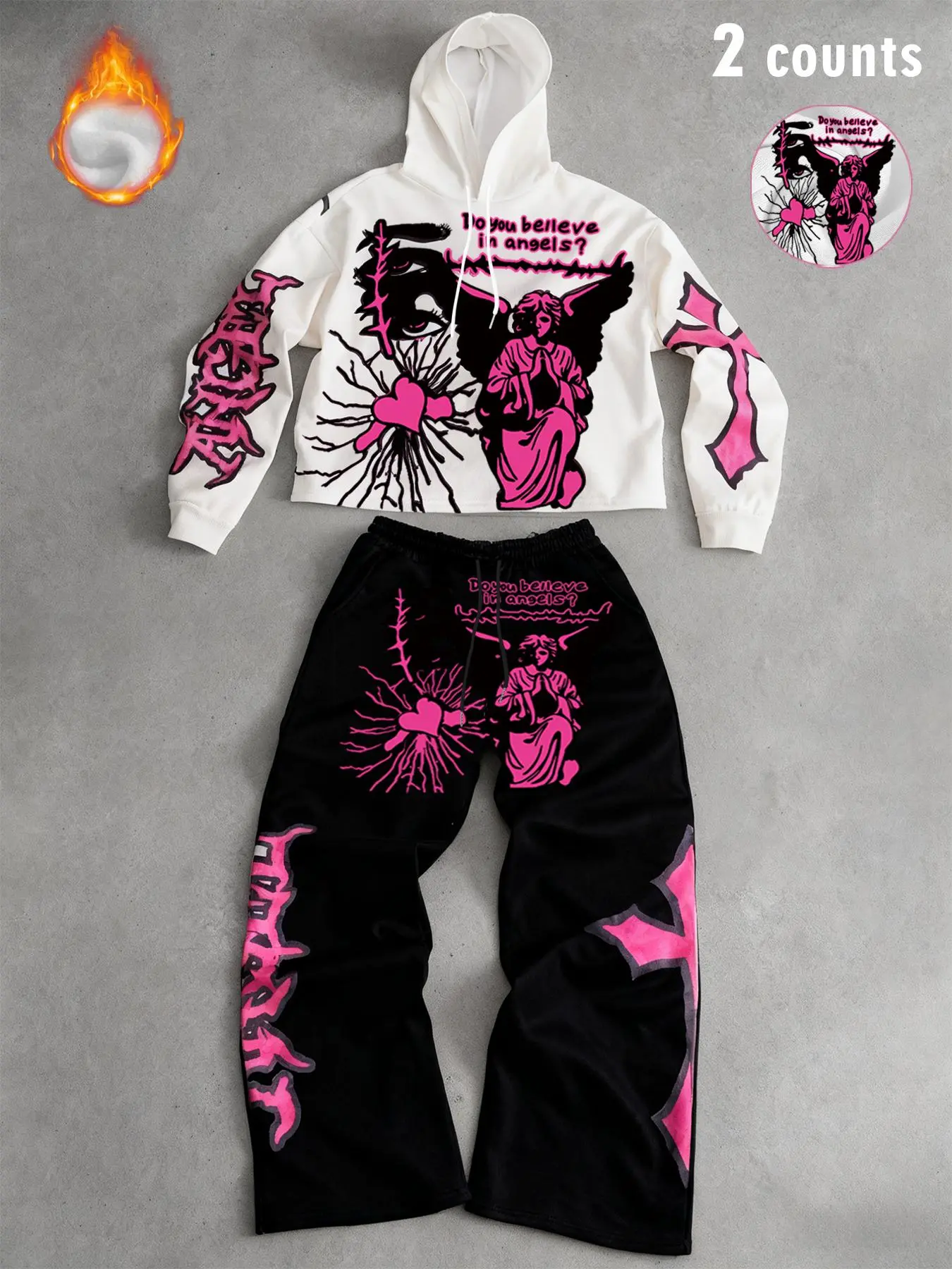 Men's and women's TikTok hit, Y2K-style, Spring, Graphic, Hearts, Long sleeve, Fitted 2-piece set featuring a pink angel with fleece lining and a hooded sweatshirt, paired with long pants, suitable for streetwear, couples' outfits Fashion