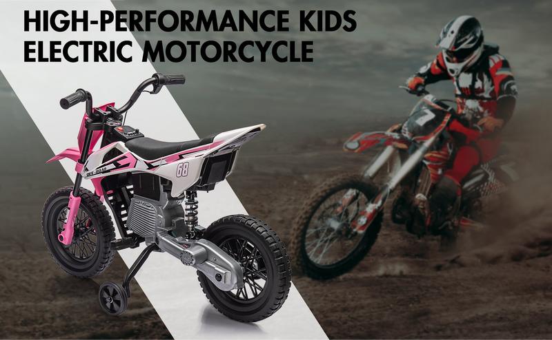【GARVEE】12V Electric Dirt Bike with Dual 25W Motors, Twist Grip Throttle, Spring Suspension, Training Wheels, and Ride-On Toy in Green, Pink, Blue, and Red Colors