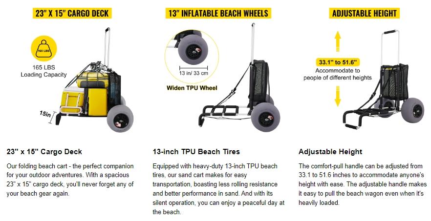 VEVOR Beach Carts for Sand, TikTokShopBlackFriday, 23" x 15" Cargo Deck, w/ 13" TPU Balloon Wheels, 165LBS Loading Folding Sand Cart & 33.1" to 51.6" Adjustable Height, Aviation Aluminum Cart for Picnic, Fishing, Beach