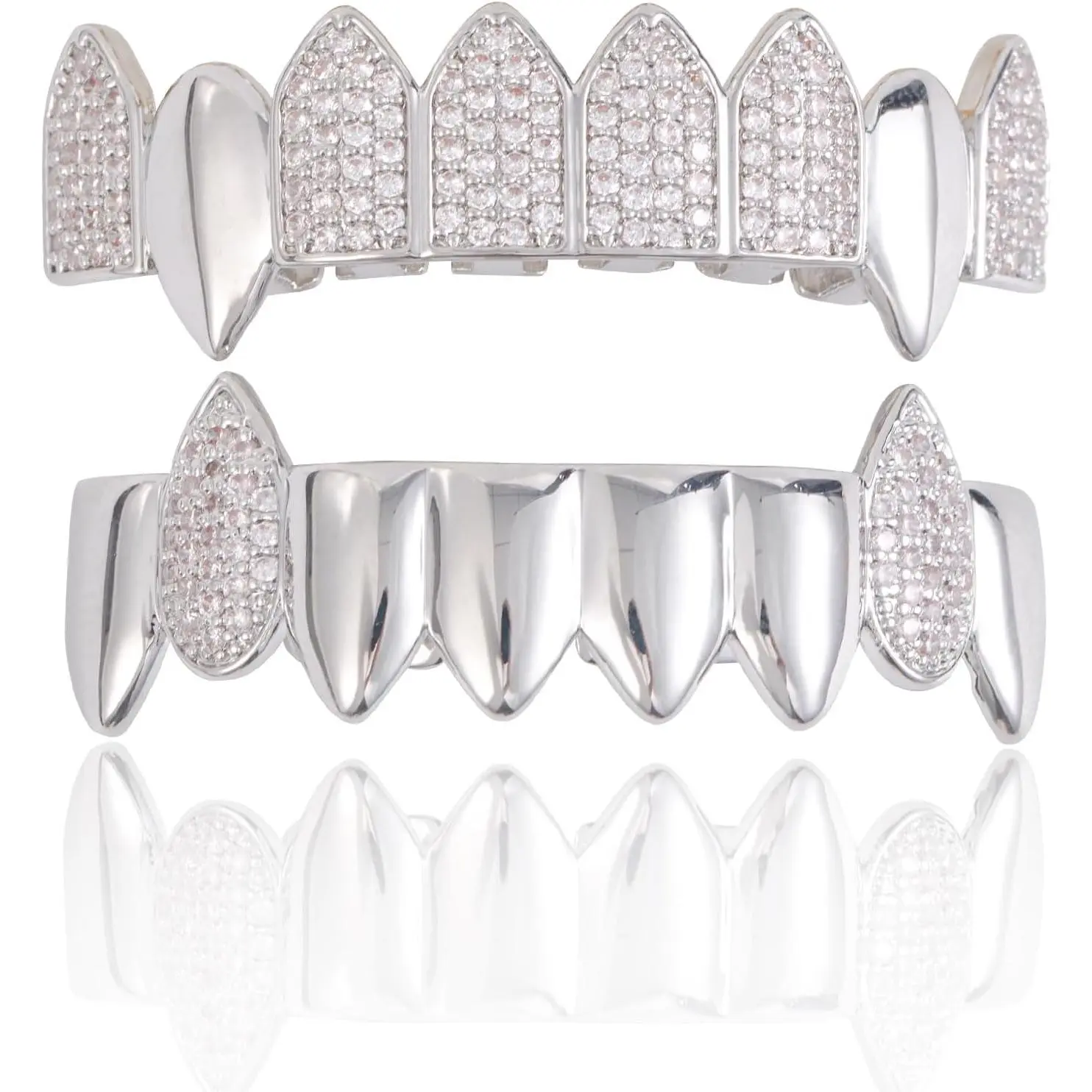 Iced Out Vampire Fang Teeth Grillz, Silver-Plated 5A Zircon Inlay Unisex Hip Hop Body Jewelry, Single Top Piece with Dental Wax & Tweezers, Halloween Aesthetic, Shiny Finish, Glitter Rhinestones, Street Hip-Hop Edge, Exquisite Craftsmanship