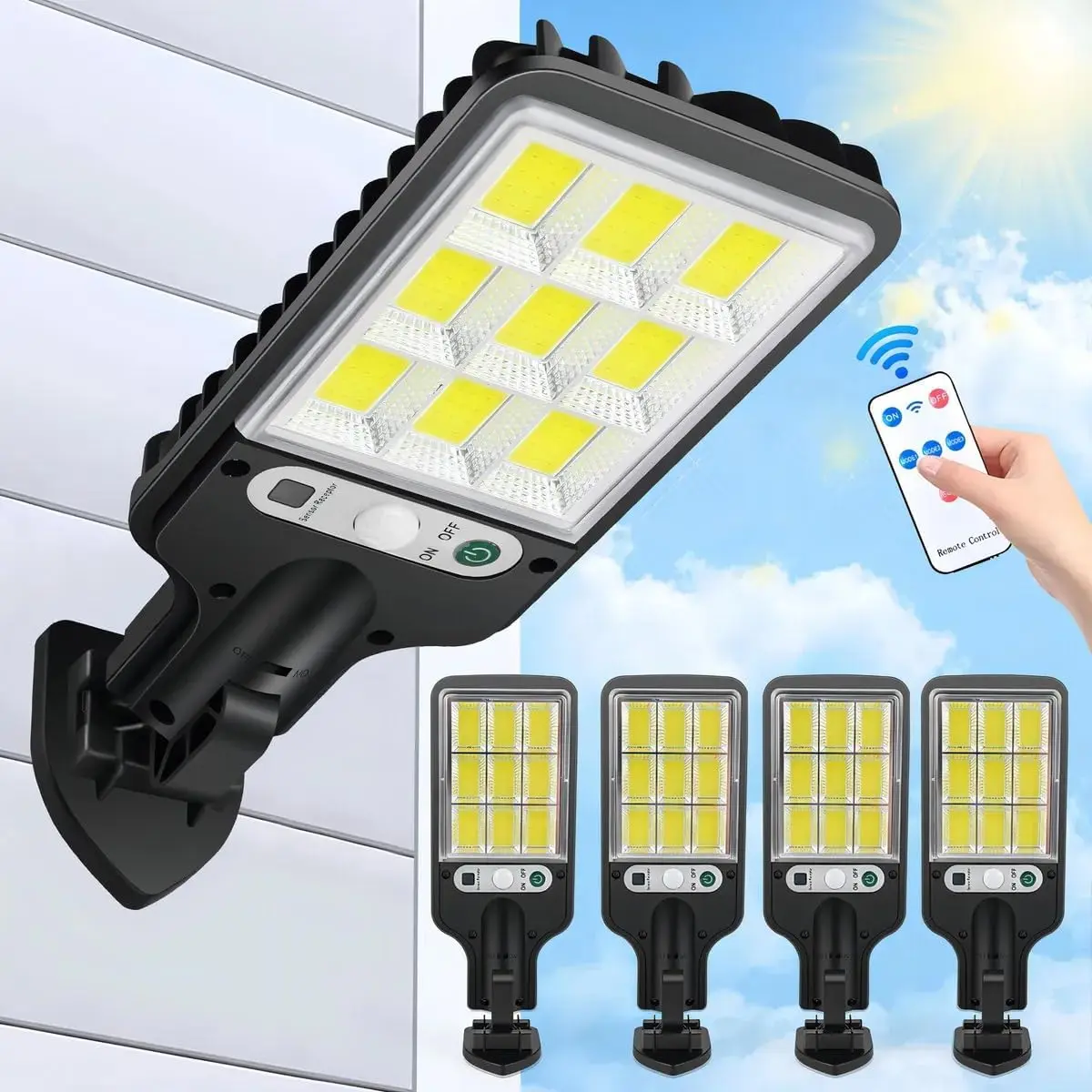 4-Packs Solar Outdoor Security Lighting - Solar Powered Spotlight, 6000 Lumens 108COB LED, 1200mAh Rechargeable Batteries, Motion Sensor Wall Lamp, IP65 Waterproof, Remote Control, Durable for Backyard, Porch