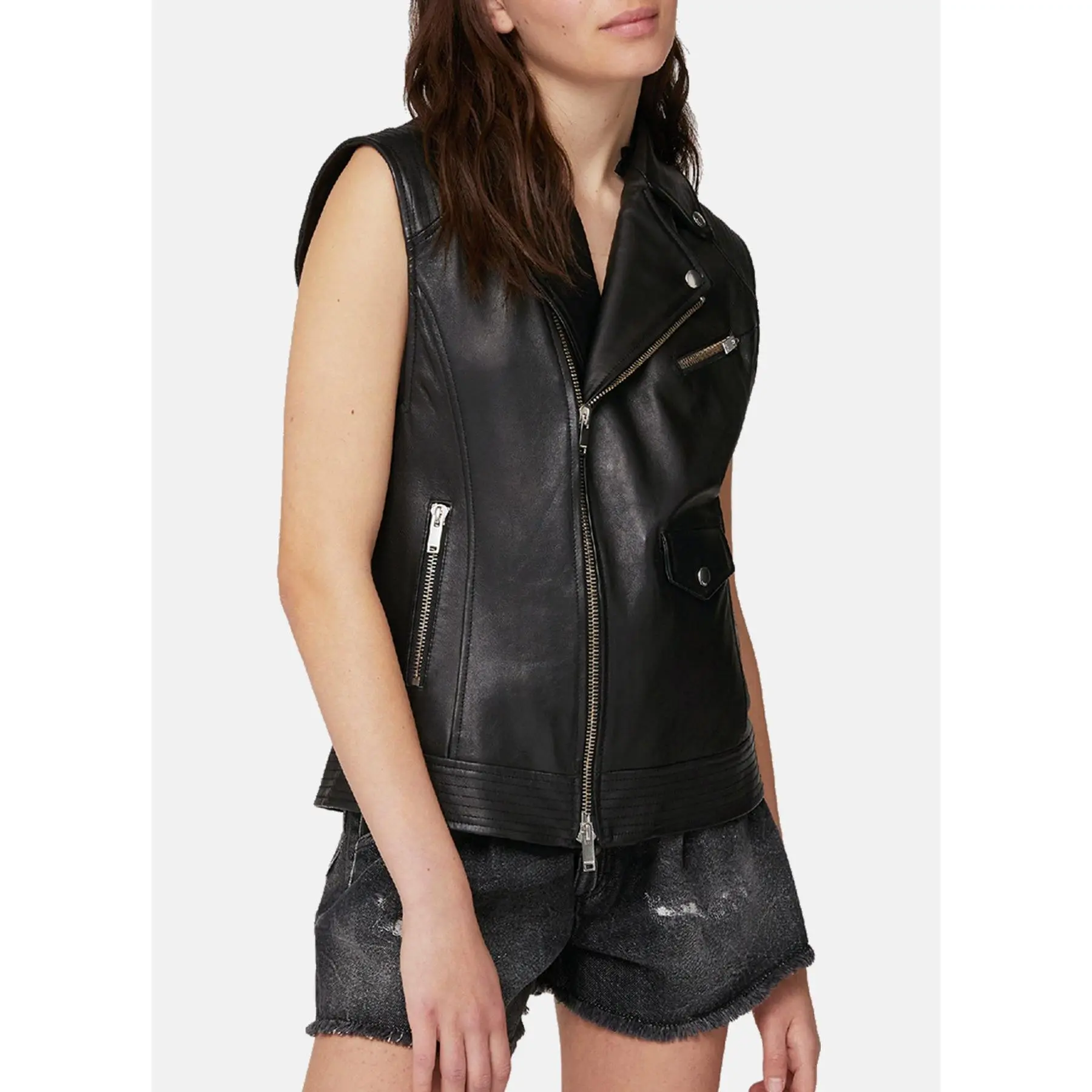 Womens Regular Fit Black Biker Leather Vest
