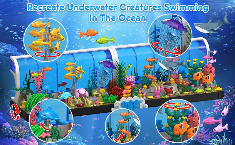 HOGOKIDS Aquarium Building Set 2 Styles Oceanarium Toy with Dolphins, Sharks, Crabs, Turtles, Clownfish, Marine Life, 1316PCS Undersea World Magnetic Blocks for Ages 6-12