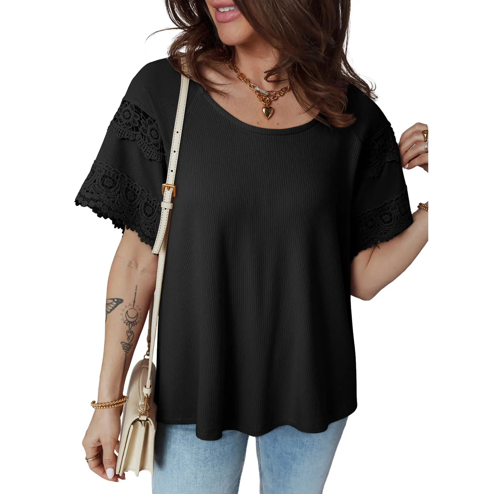 EVALESS Womens Lace T Shirts Tops Short Sleeve Crewneck Ribbed Loose Fitted Texture Chiffon Blouses Tops 2026 Womenswear Springtok Summer Outfits  Deals For You Days summer outfits,back to school,back to school shopping