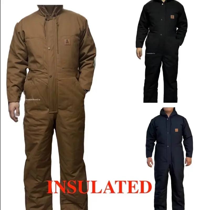 Men's Stylish Brown Insulated Loose-Fit Hooded Workwear Coverall - Menswear Plus Size Safety Heat Resistant Multi-Pocket Coverall, Full-Body Protection, Zipper Closure, Plain Fabric, Classic Outdoor Uniform, Plus Size Coveralls