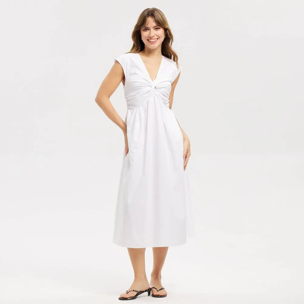 Women's Pullover Twist-Front Midi Dress - A New Day, Breathable Fabric, Pocket Design, Sleeved Casual Womenswear