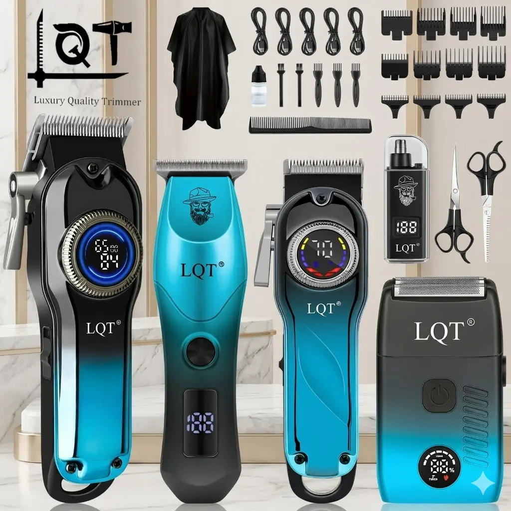 LQT 5-in-1 Professional Hair Clipper Set for Men, Barber Kit with T-Blade Trimmer, Detail Trimmer, Electric Shaver & Nose Hair Trimmer, Cordless LED Display, USB Rechargeable Grooming Kit, Father's Day Gift for Dad