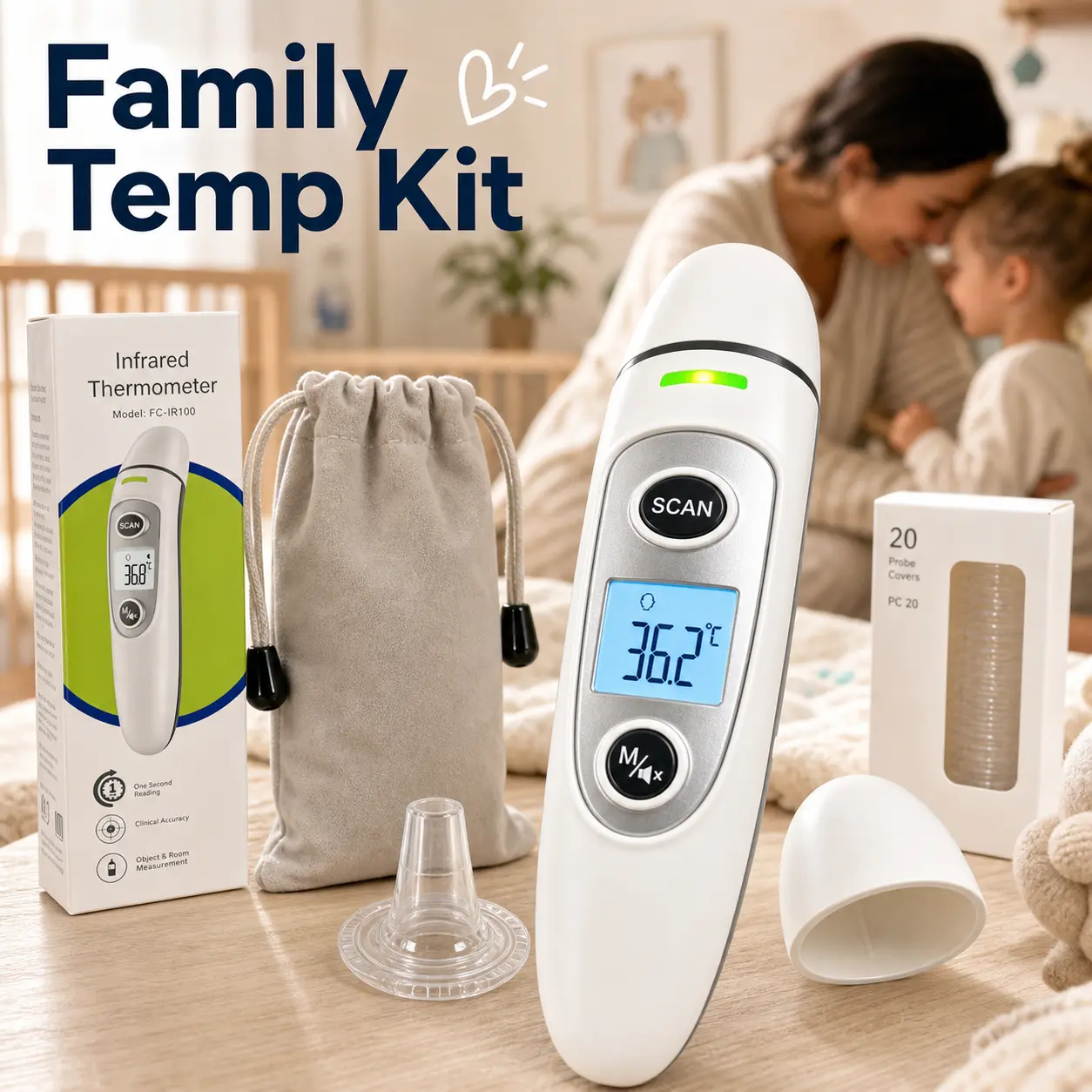 2-in-1 No-Touch Digital Infrared Forehead Thermometer, 1s Instant Read Silent Accurate Fever Monitor, Lightweight Handheld Device with Free Disposable Probe Covers & Included Batteries for School, Office, Outdoor Use