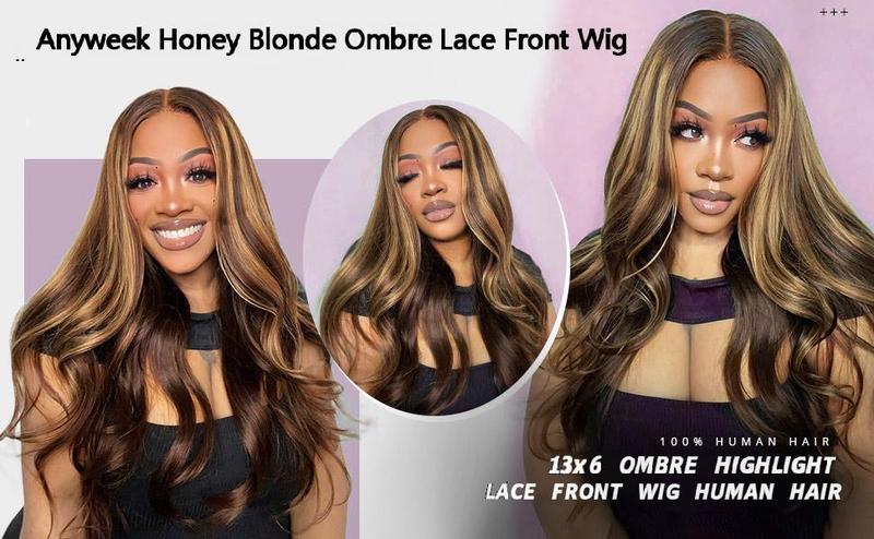 【30 Inch Only $89】Anyweek Honey Blonde Ombre Lace Front Wig Human Hair Highlight Body Wave 13x6 Lace Front Wigs Pre Plucked 180 Density Glueless HD Lace Frontal Wig for Women 4/27 Colored