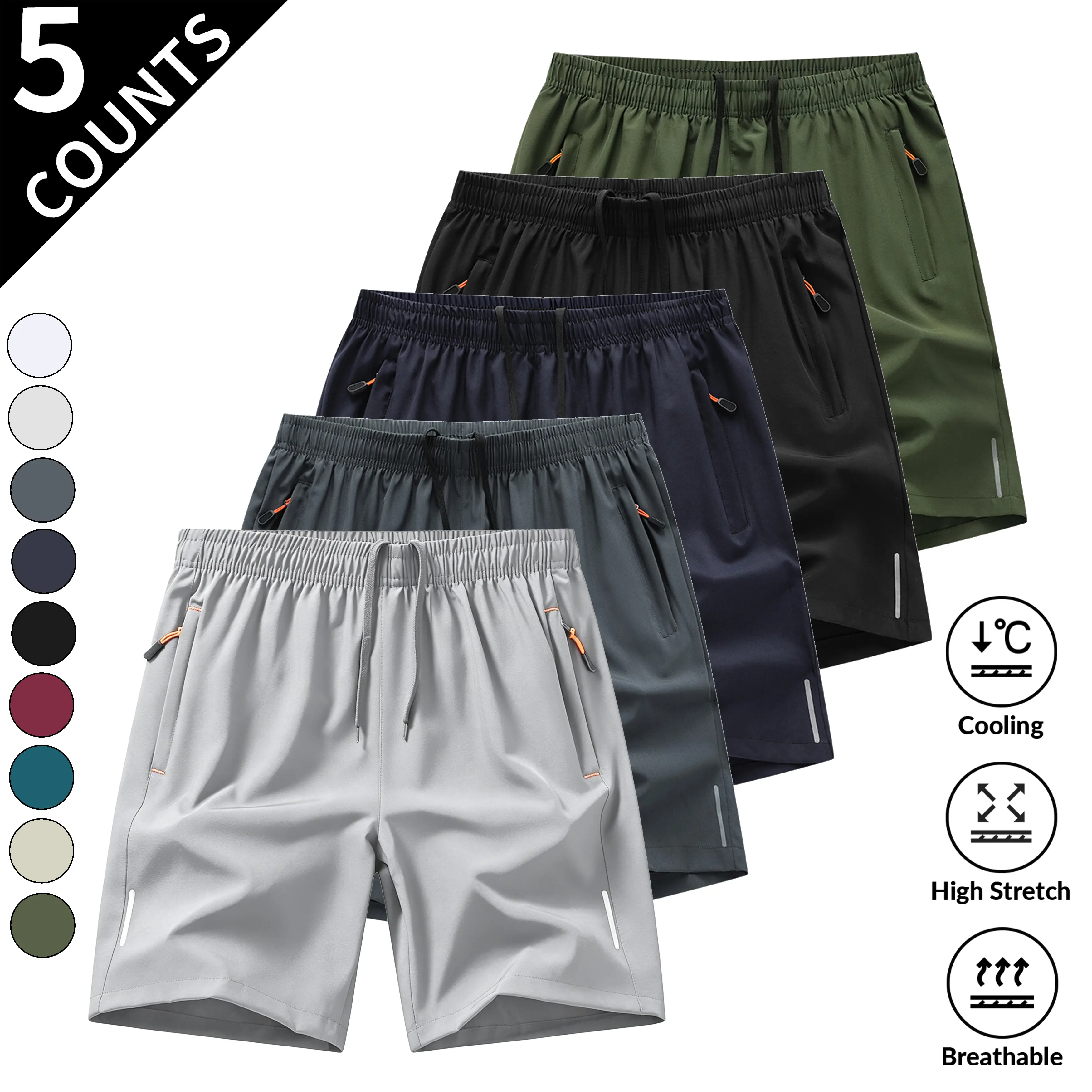 5-Pack, Men's Solid Color Zipper Pocket Shorts - Summer Casual Comfortable Breathable Three-Quarter Pants, Men's Everyday Bottoms, Tropical Beige, 5-Pack SpringStatements Clothes Clothes Menswear Plain
