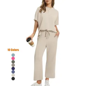 Two Piece Sets for Women Summer Outfits Oversized Wide Leg Crop Pants Lounge Sets Airport Beach Vacation Clothes Casual Shortsleeve