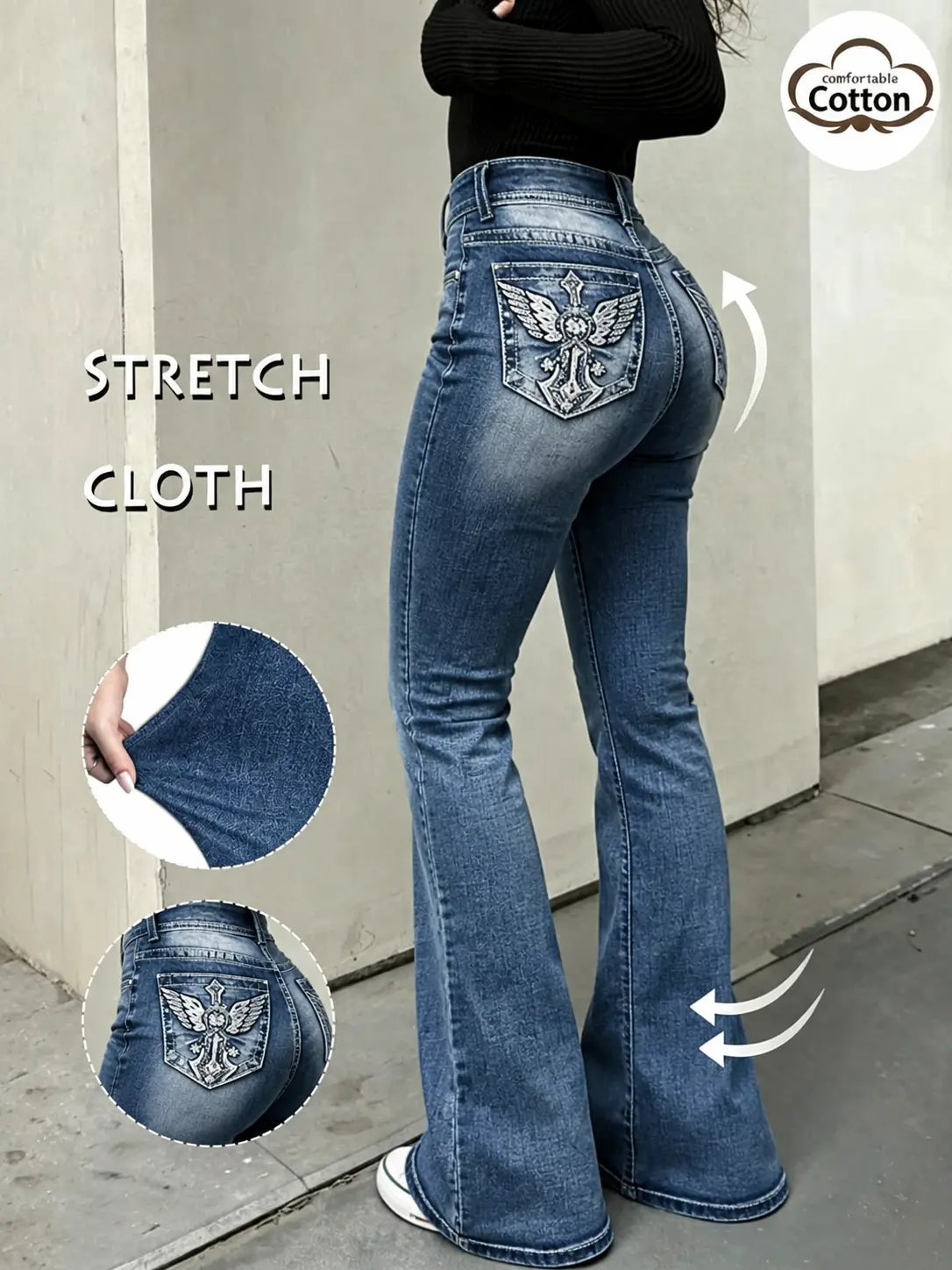 Women's High Waisted Curvy Bootcut Wing Embellished Pockets Stretchy Flared Jeans
