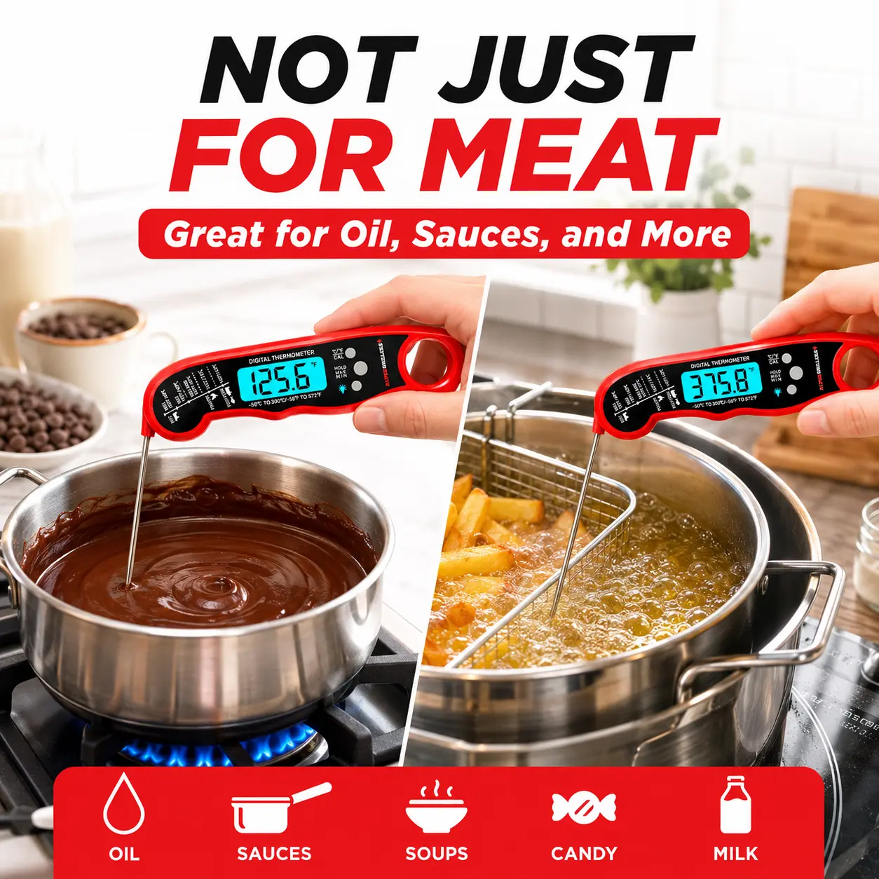 All-Purpose Digital Meat Thermometer for Kitchen Utensils, Waterproof Instant Read Compact Single Unit with Foldable Probe, Bright Backlight, Magnetic Storage & Large Display, Dishwasher-Safe for BBQ, Baking