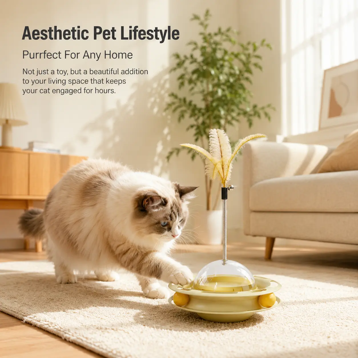 3-in-1 Design Interactive Cat Toy for Indoor Cats - Wobbling Base Tumbler, Track Roller Balls, Spring Feather Wand, Bell - Feather Flutter Puzzle for Stress Relief, Physical Exercise, Prevents Obesity