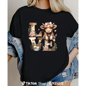 Farm Lover’s Casual Tee Featuring Highland Cow and Floral Horseshoe Bow