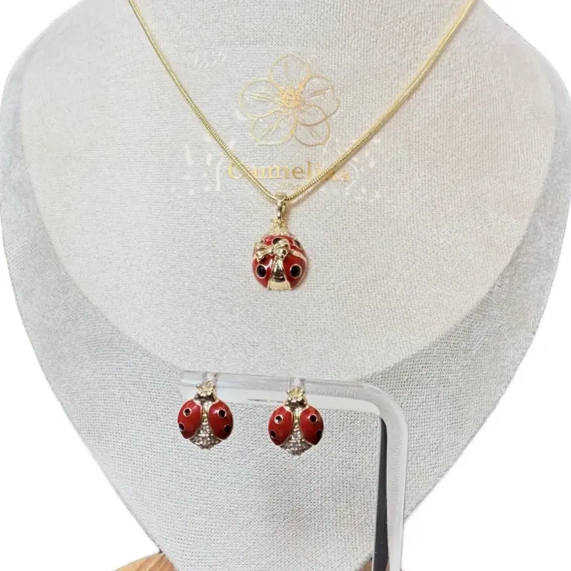Set Errings and Chain with a Ladybug Pendant Chain 22 Inches Long Jewelry Set Cod 7013