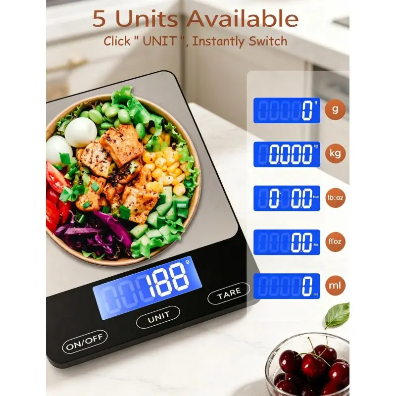 Digital Kitchen Food Scale, 33lb Capacity, Measures in Ounces and Grams, Rechargeable with 304 Stainless Steel Platform, Supports Battery and Type‑C Charging.Ideal for Meal Prep, Cooking and Baking, in a Stylish Black Finish.Sure SSure app shop