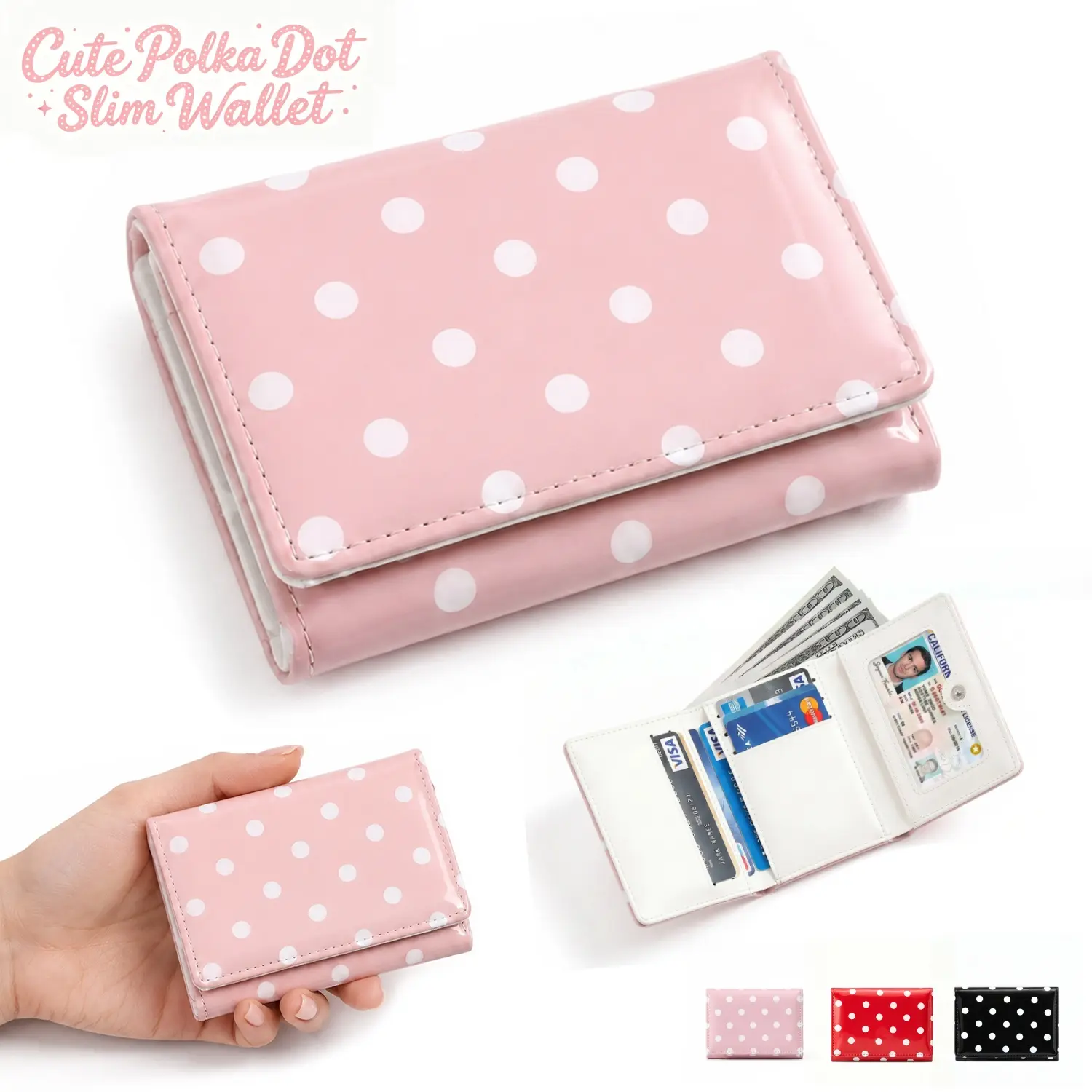 Small Cute Wallet with Polka Dot,Coquette Leather RFID Blocking Small Trifold Wallet with ID Window for Girls and Ladies Womens Wallet,Daily Use,Shopping,Gift