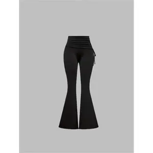 Women's Solid Color Tie Side Flare Leg Pants, Casual Bohemian Trousers, Casual Comfy Bell Bottom for Daily Wear, Ladies Bottoms for All Seasons