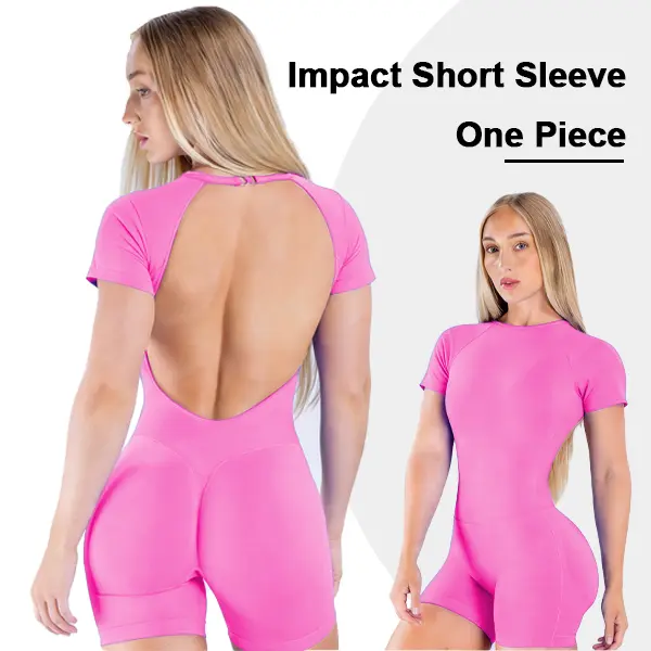 [SIZE UP 1] GYMER Impact Short Sleeve One Piece Yoga Workout Jumpsuit - Soft Removable Pads Bralette, Strong Compression, Tummy Control, Butt Lifting, Contoured Fit Shapes Without Bulk, Built for Gym, Yoga, Active Days