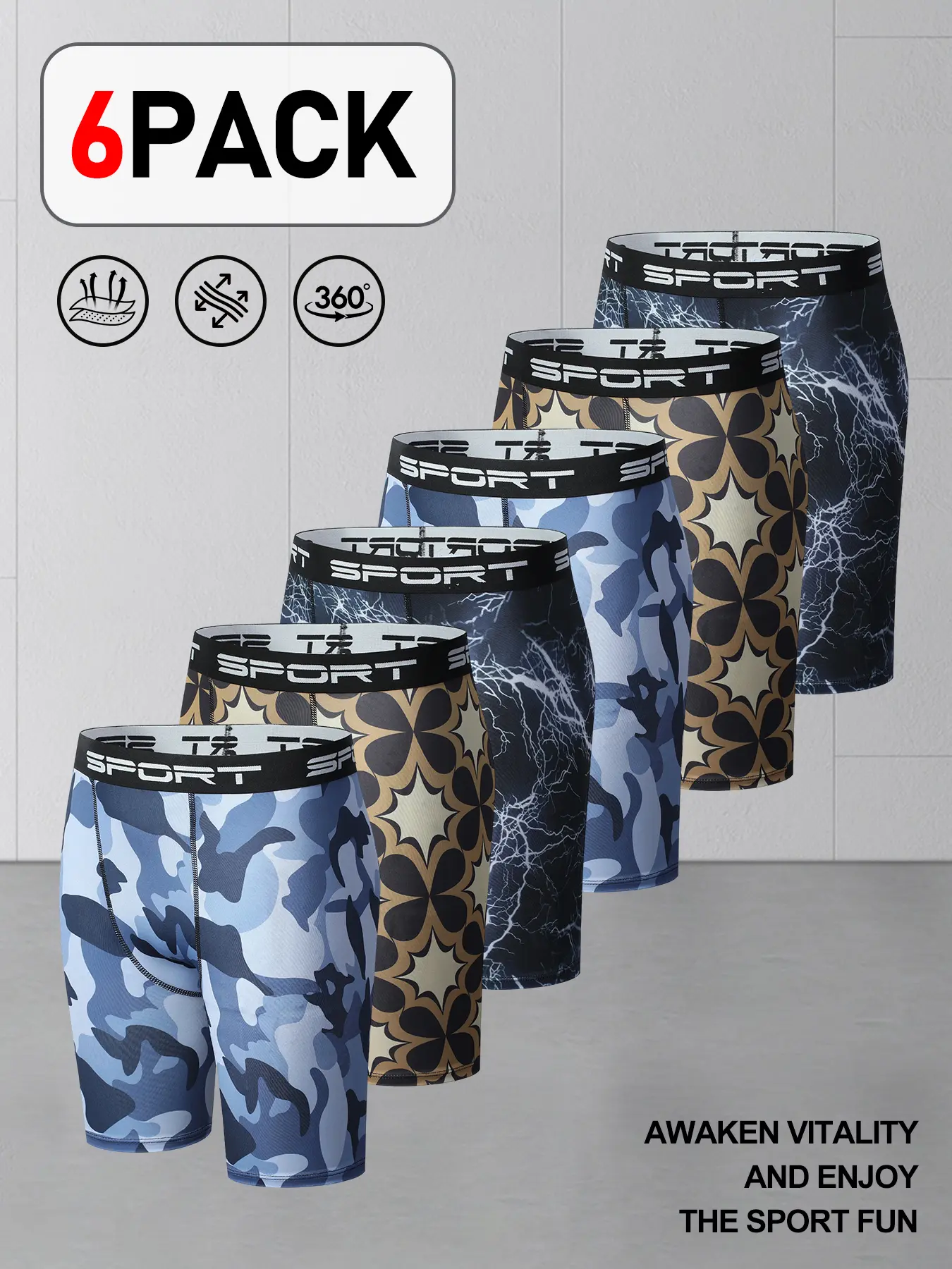 Men's 6-Pack Printed Compression Boxer Briefs, Stretchy Sport Underwear, Moisture Wicking Performance Shorts for Gym, Running & All-Day Comfort