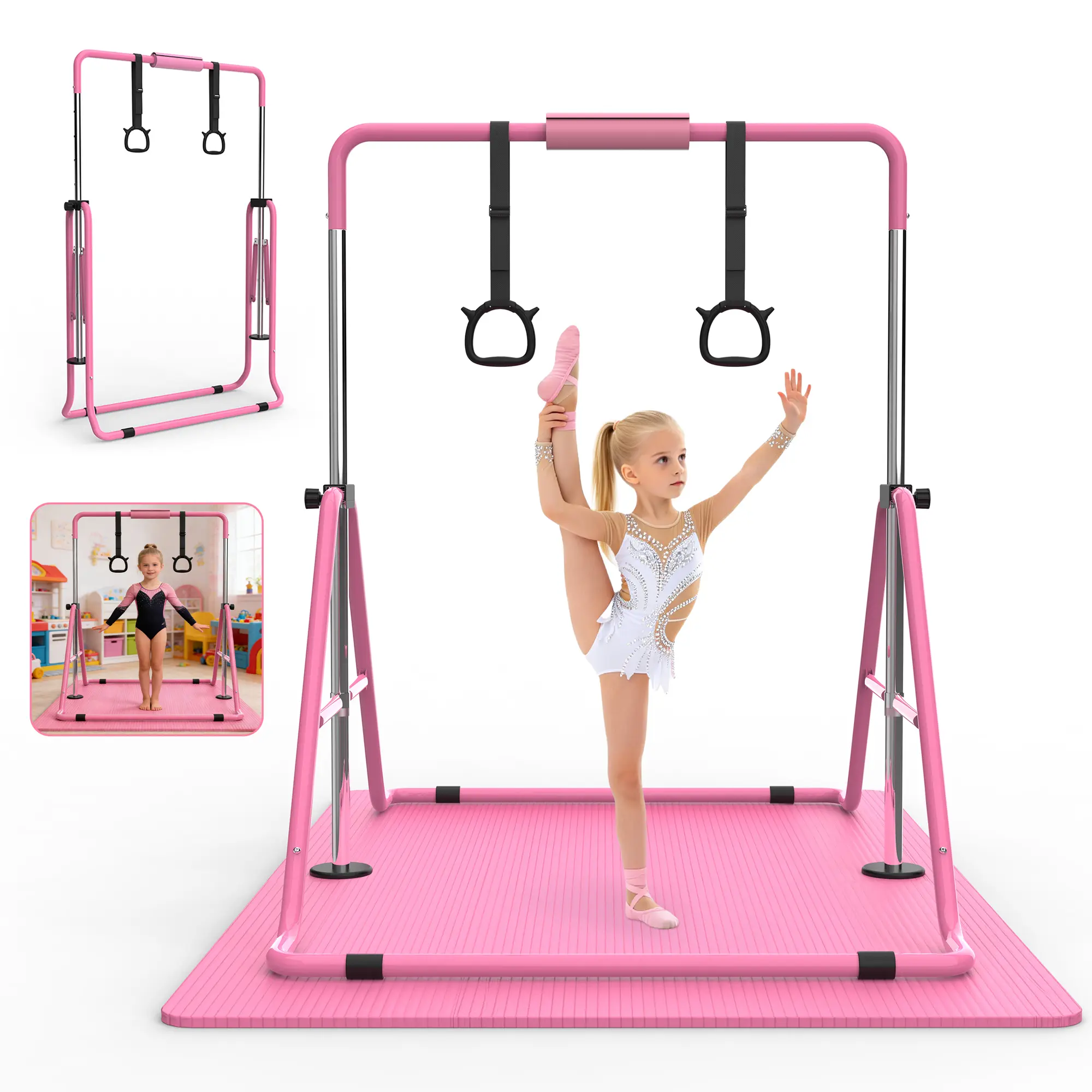 KINMAC Gymnastics Bar for Kids, Gymnastics Horizontal Bar with Adjustable Height Foldable Training Bar with Mat for Home Practice