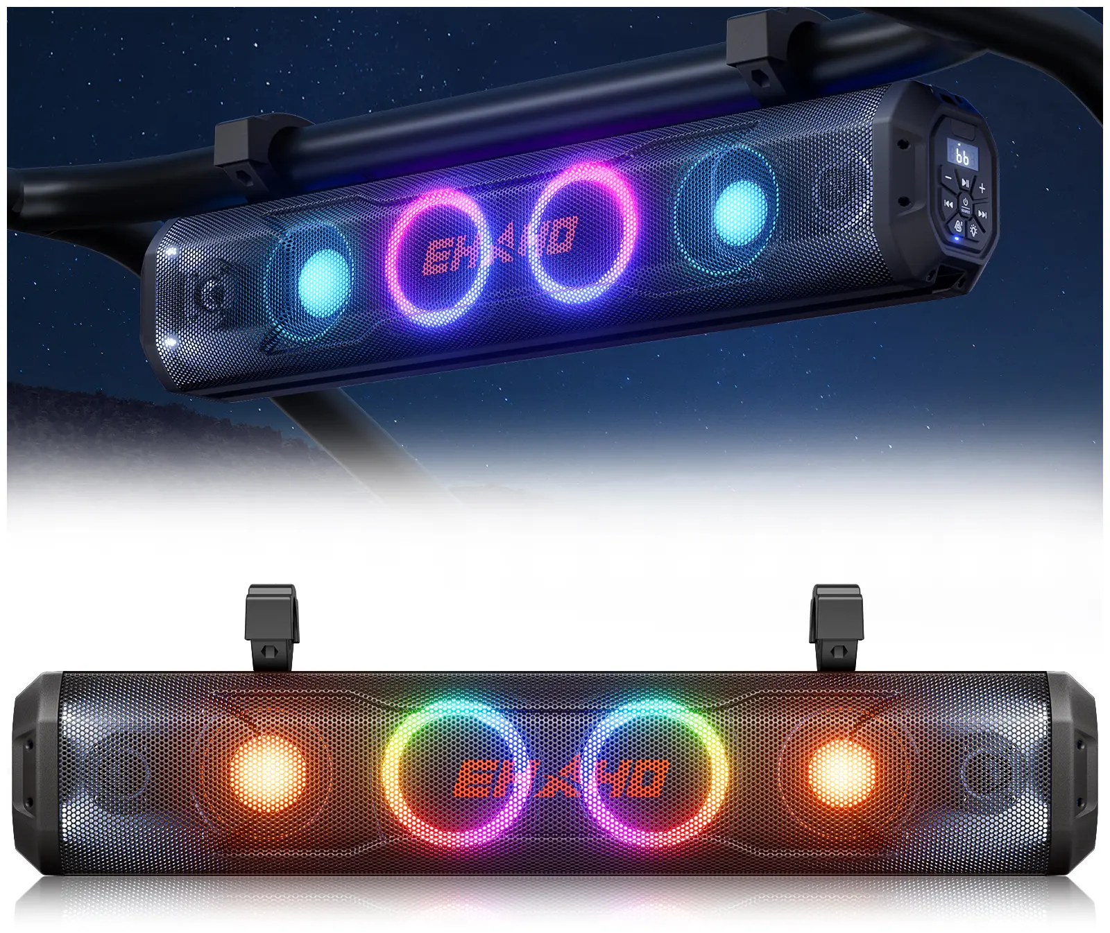 Ehaho 26-Inch 6-Speaker UTV Sound Bar System - 500W Outdoor Wireless Bluetooth Speakers, IP66 Water Resistant, Color-Changing RGB LED, Clamp-On for 1-2 Inch Roll Bars, Polaris RZR/CFmoto Aftermarket Stereo