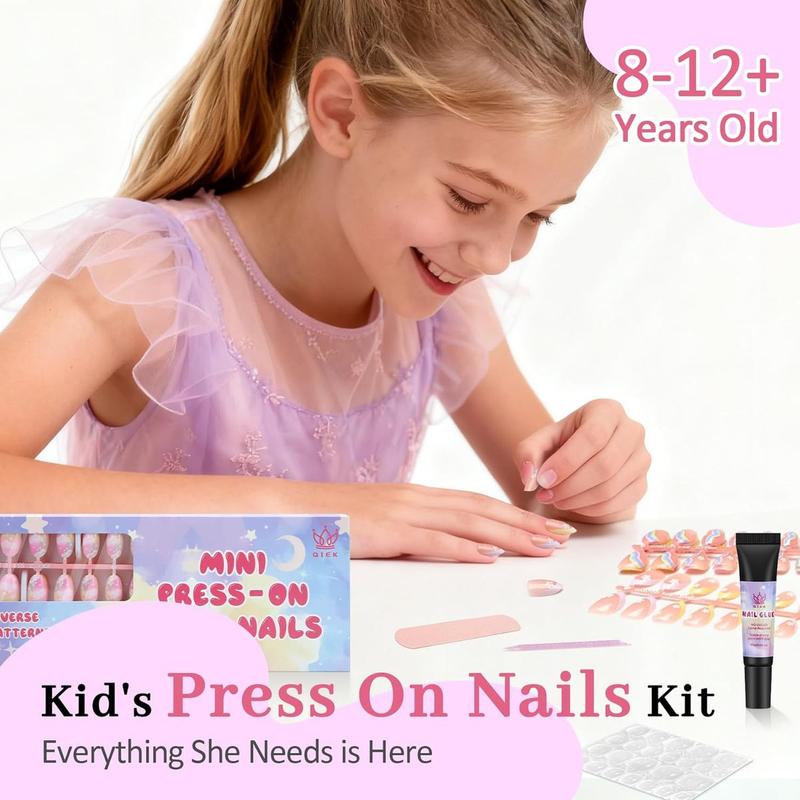 16 Sizes 128 Pieces Press on Nails for Kids, 4 pack Kids Nail Kit Colorful Flower Almond Fake Nail Tips for Girls 8-12 Years Old with Jelly Nail Adhesives & Nail Glue Birthday Easter Gifts