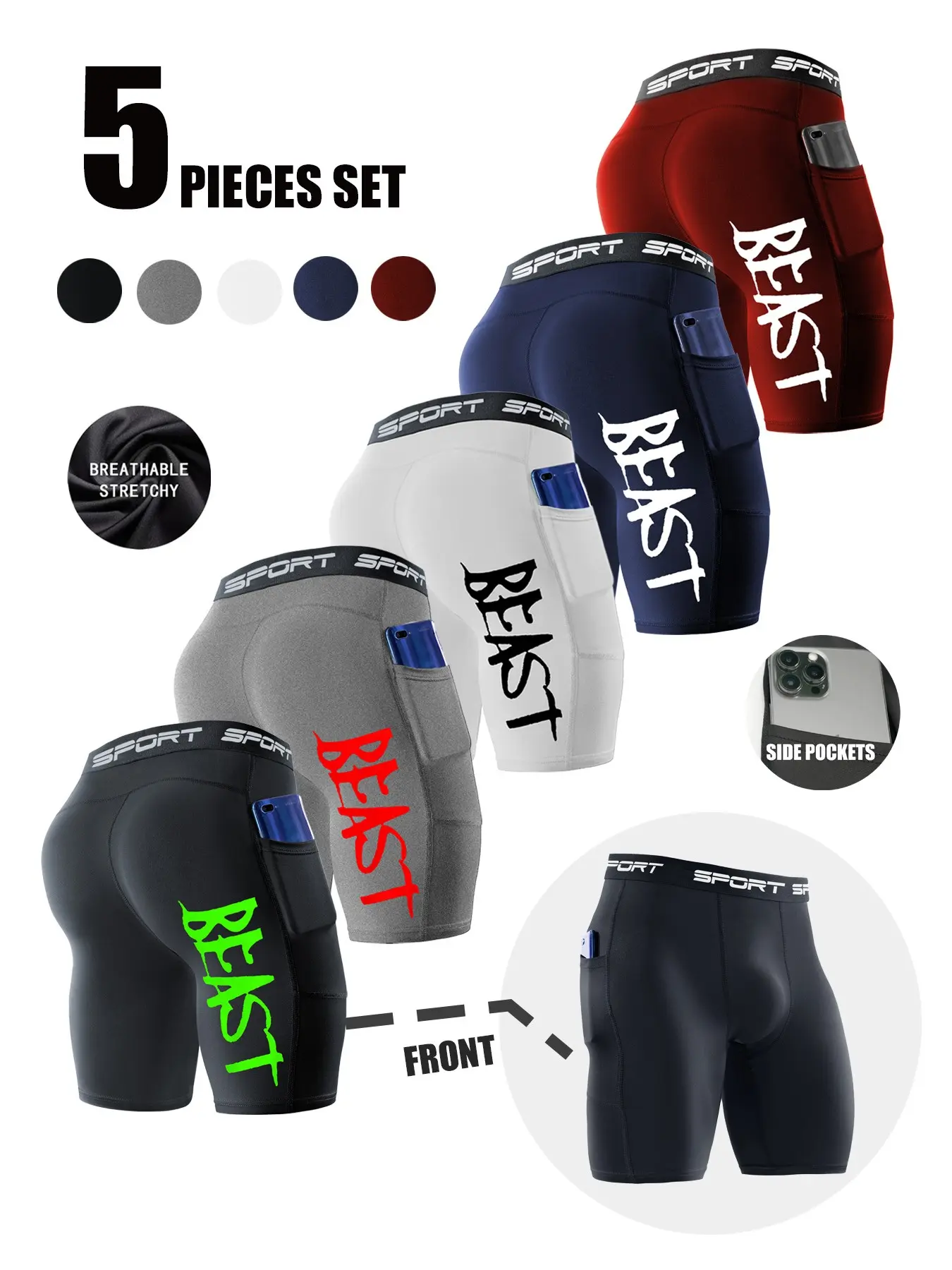 Men's 3-Pack Compression Shorts with" Beast" Print, Quick-Dry and Stretch Fabric, Suitable for Gym, Running and Basketball, Side Pocket Shorts, Workout Shorts, Tight Fitted Shorts, Running Sports Shorts
