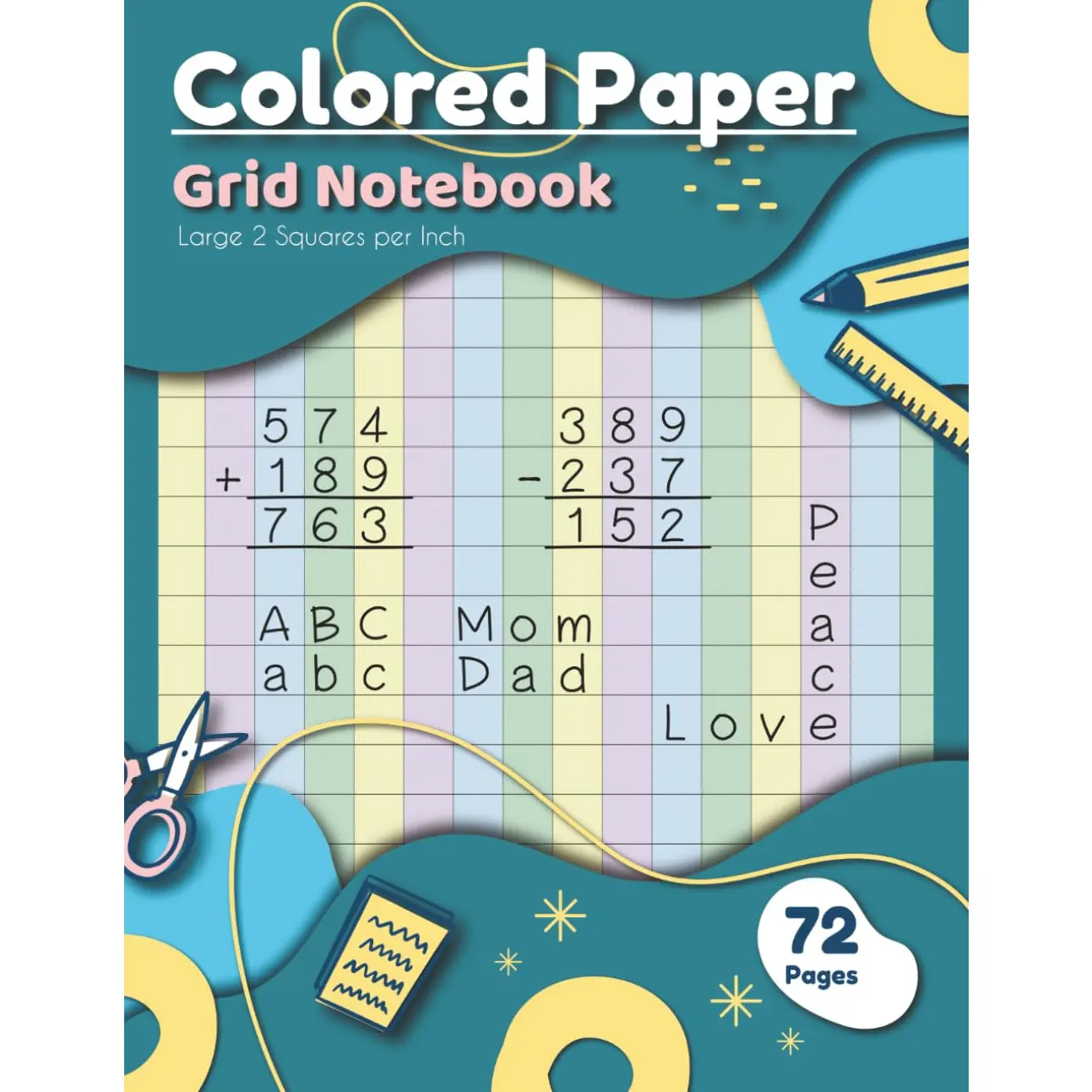 Colored Grid Paper Notebook: Large 2 Squares per Inch for Kids and Adults with ADHD, Dyslexia, Dysgraphia, Dyscalculia, Irlen